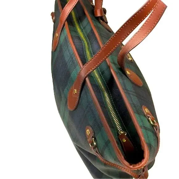 Black Watch Plaid Coated Canvas Leather Oversized Shoulder Bag Metal Feet